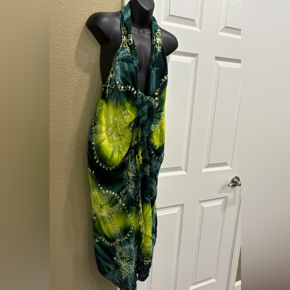 Green and Yellow Tie-Dye Halter swim cover one size - Picture 6 of 8